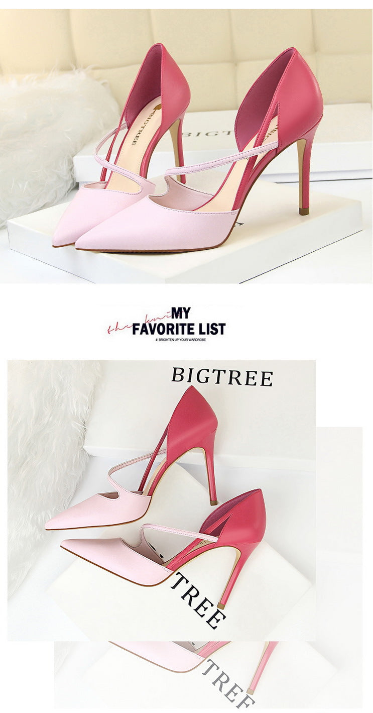 830-2 Korean Style Fashion Sweet High Heels Women's High Heel Shallow Mouth Pointed Toe Color Block Hollow Strap Slimming Single Shoes