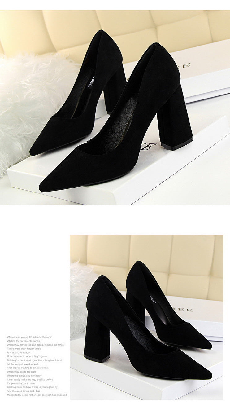 828-2 European and American Style Simple Chunky Heel High Heel Suede Shallow Pointed Toe Professional OL Slimming Women's Shoes High Heels Single Shoes