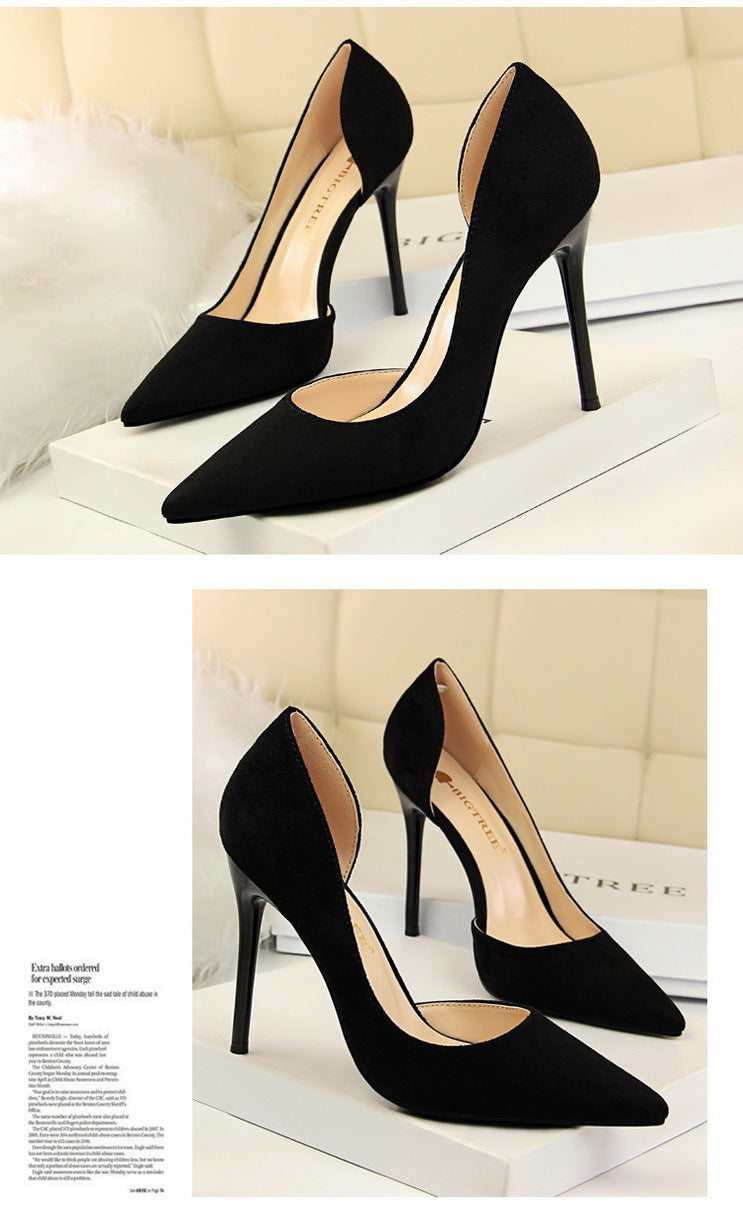 8918-2 European and American Style Simple Stiletto Ultra High Heel Suede Shallow Pointed Toe Sexy Nightclub Slimming Side Hollow Single Shoes