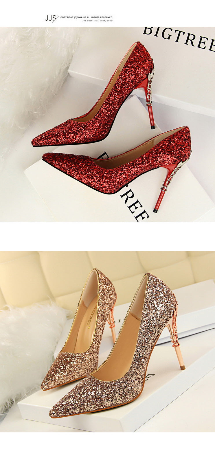 9219-12 European and American Style Fashion Sexy Nightclub Women's Shoes Metal Heel Stiletto High Heel Shallow Pointed Toe Sequin Pumps