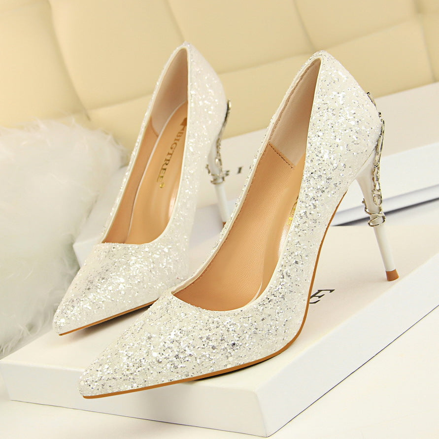 9219-12 European and American Style Fashion Sexy Nightclub Women's Shoes Metal Heel Stiletto High Heel Shallow Pointed Toe Sequin Pumps