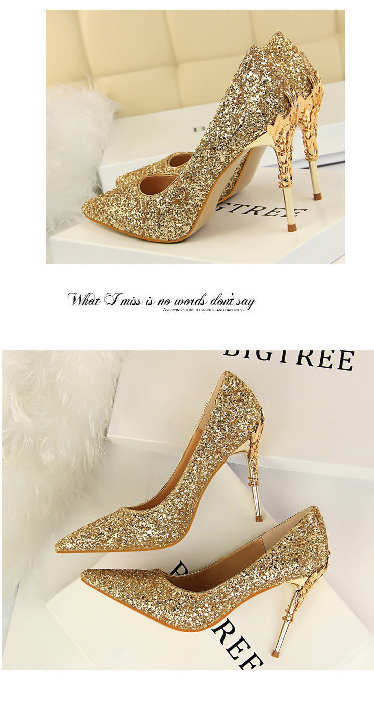 9219-12 European and American Style Fashion Sexy Nightclub Women's Shoes Metal Heel Stiletto High Heel Shallow Pointed Toe Sequin Pumps