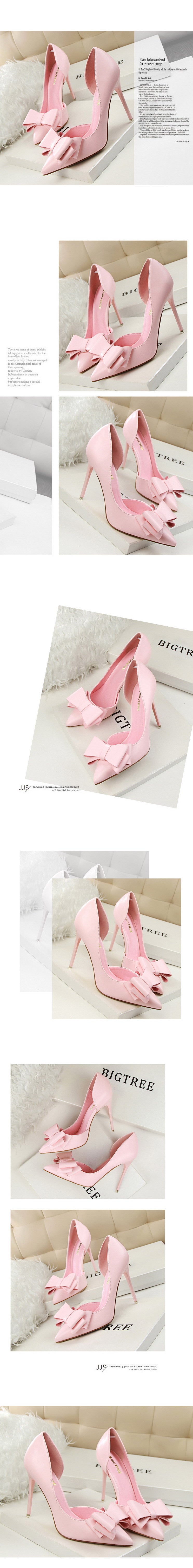 3168-2 Korean Style Fashionable Sweet Bowknot High Heels Stiletto Heel Shallow Mouth Pointed Toe Side Hollow out Pumps