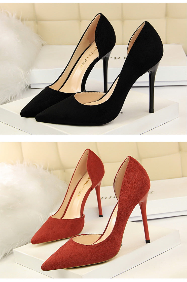 8918-2 European and American Style Simple Stiletto Ultra High Heel Suede Shallow Pointed Toe Sexy Nightclub Slimming Side Hollow Single Shoes