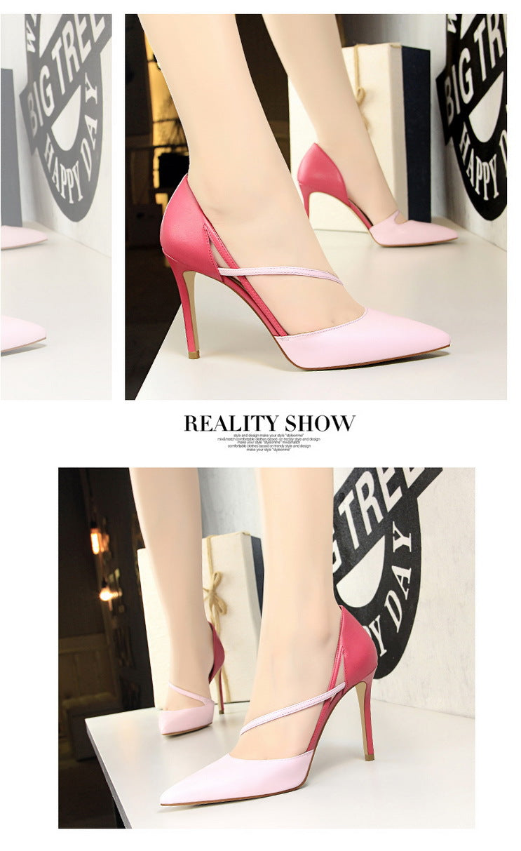 830-2 Korean Style Fashion Sweet High Heels Women's High Heel Shallow Mouth Pointed Toe Color Block Hollow Strap Slimming Single Shoes