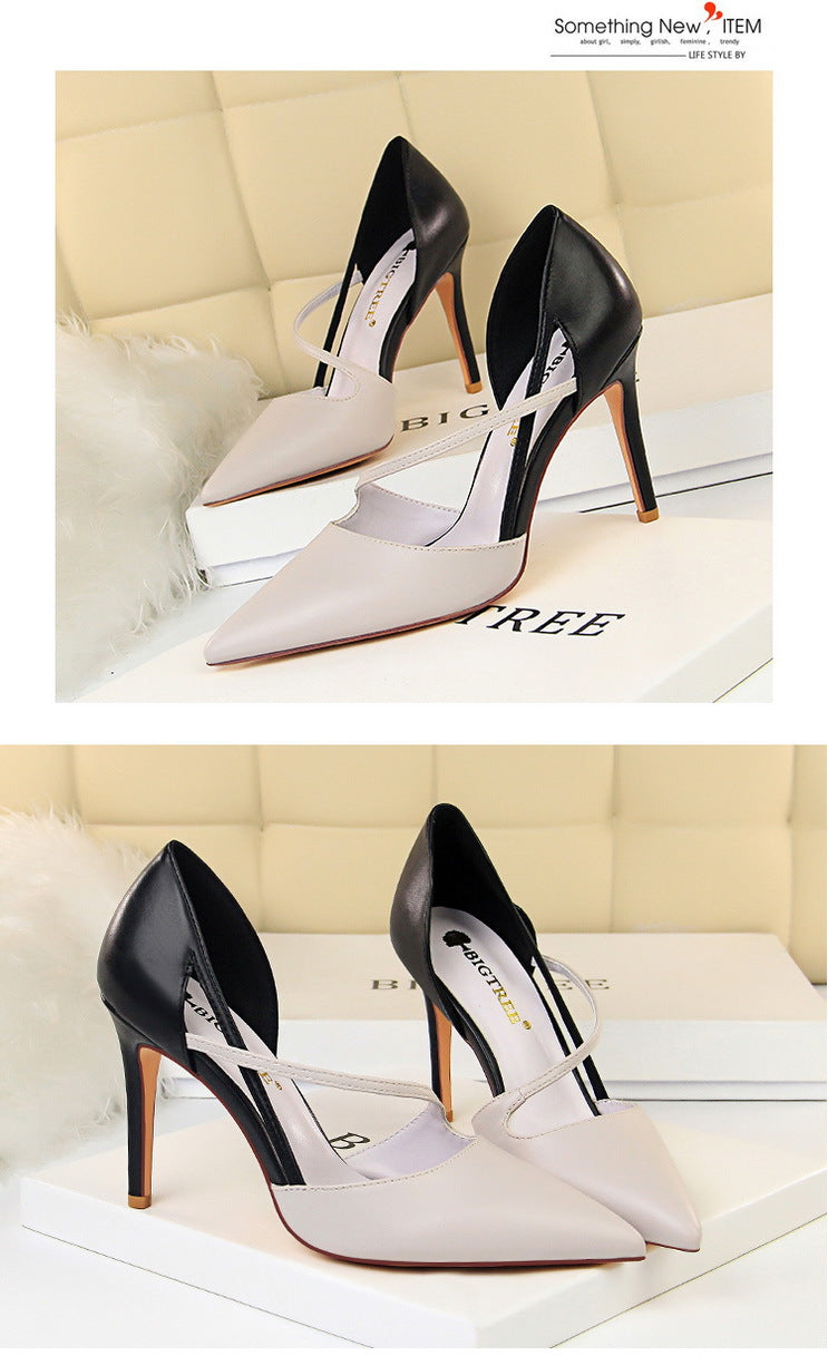 830-2 Korean Style Fashion Sweet High Heels Women's High Heel Shallow Mouth Pointed Toe Color Block Hollow Strap Slimming Single Shoes