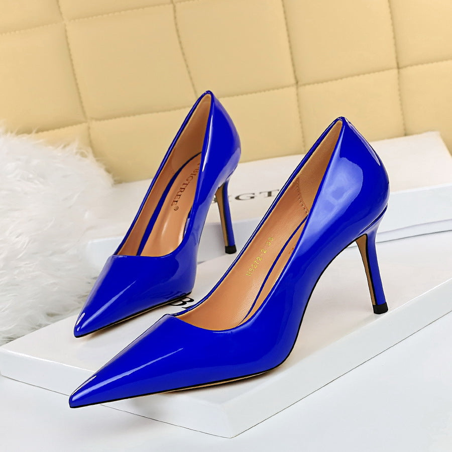 272-2 European and American Simple High Heels Shiny Patent Leather Shallow Pointed Toe Sexy Slimming Professional OL High Heels Women's Single Shoes