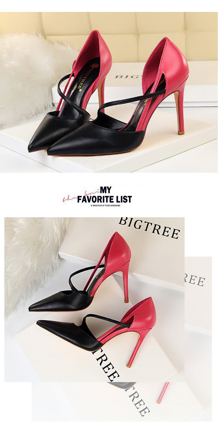 830-2 Korean Style Fashion Sweet High Heels Women's High Heel Shallow Mouth Pointed Toe Color Block Hollow Strap Slimming Single Shoes