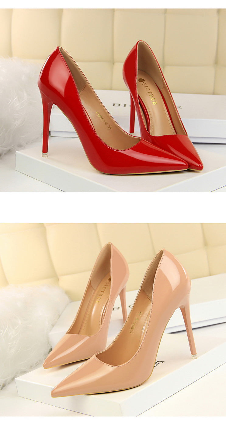 9511-6 European and American Style Fashion Simple Stiletto Ultra High Heel Patent Leather Shallow Pointed Toe Sexy Nightclub Slimming Women's Single Shoes