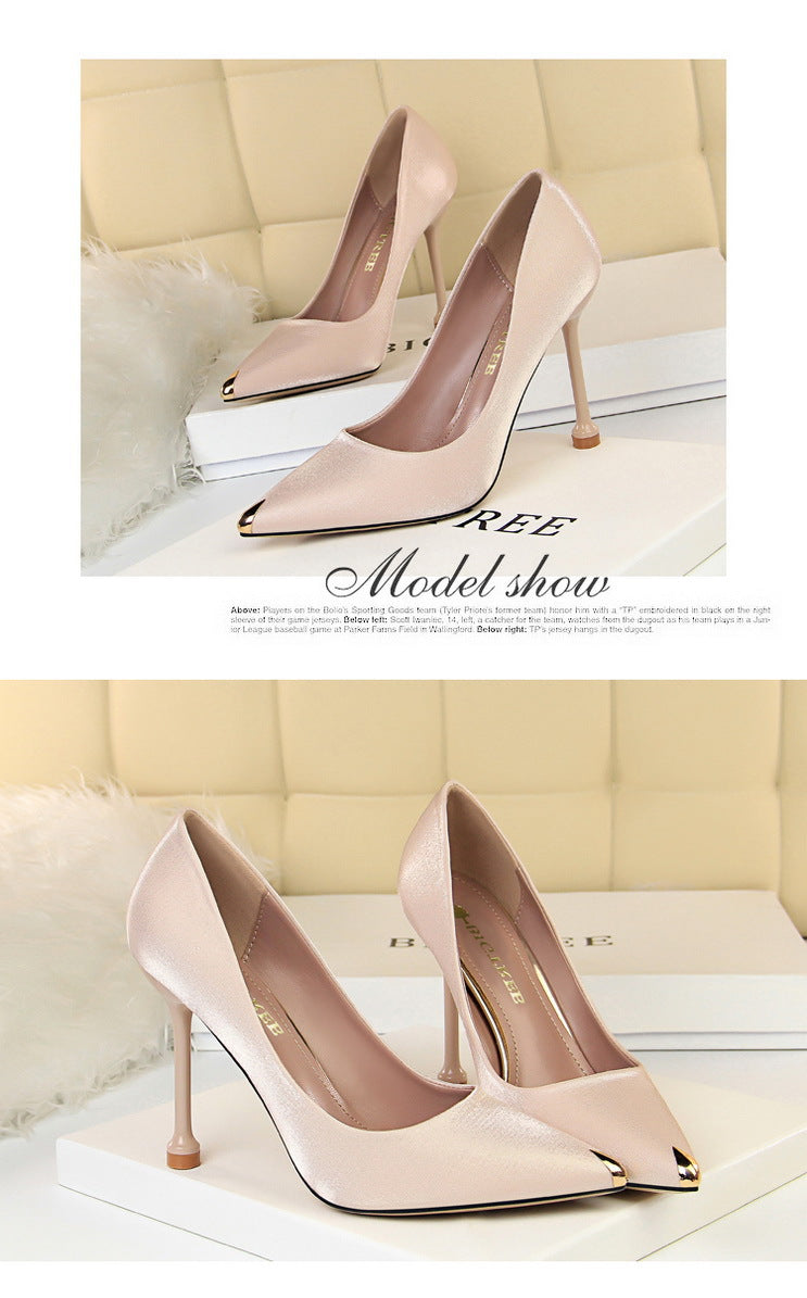 1823-1 European and American Style Fashion Party Women's Shoes Thin Heel High Heel Satin Shallow Mouth Metal Pointed Toe Sexy Slimming Single Shoes