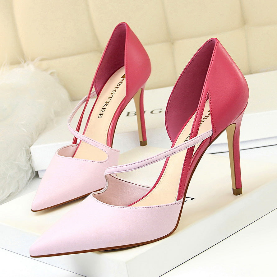 830-2 Korean Style Fashion Sweet High Heels Women's High Heel Shallow Mouth Pointed Toe Color Block Hollow Strap Slimming Single Shoes