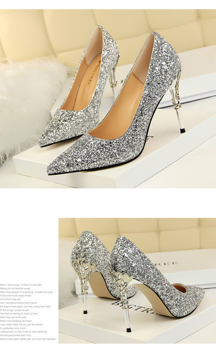 9219-12 European and American Style Fashion Sexy Nightclub Women's Shoes Metal Heel Stiletto High Heel Shallow Pointed Toe Sequin Pumps