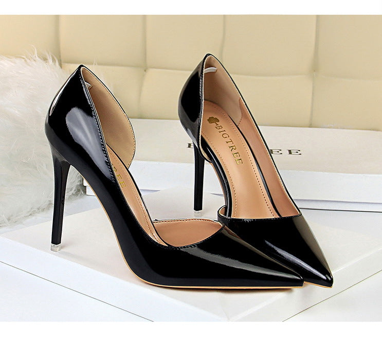 18188-1 European and American Style High Heels Simple Thin Heel Metal Very High Very Shallow Mouth Pointed Toe Side Hollow Sexy Single Shoes