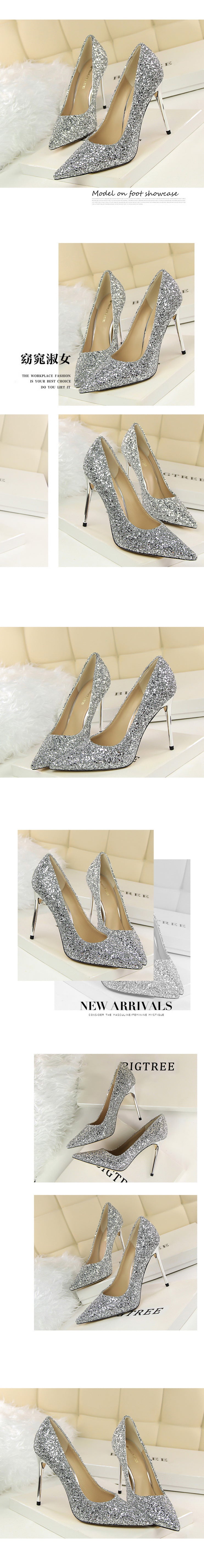 9219-1 European and American Style Women's Shoes High Heel Low-Cut Pointed Toe Sparkle Sequins Sexy Slimming Nightclub High Heels Pumps