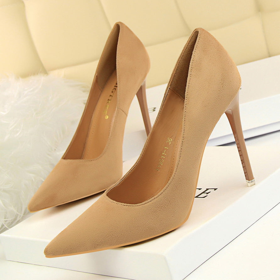 9511-1 European and American Style Fashion Simple Stylet Ultra High Heel Shallow Pointed Toe Suede Slim Sexy Nightclub Women's Shoes