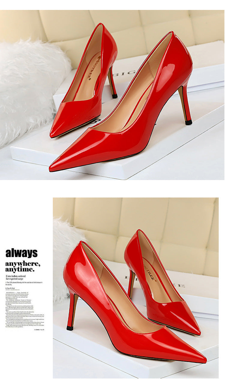 272-2 European and American Simple High Heels Shiny Patent Leather Shallow Pointed Toe Sexy Slimming Professional OL High Heels Women's Single Shoes