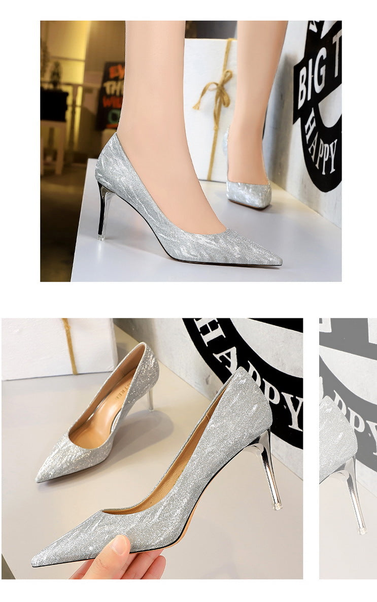 1829-A1 European and American Style Fashion Sexy Party High Heels Women's Shoes Thin Heel High Heel Shallow Mouth Pointed Toe Sequin Single Shoes