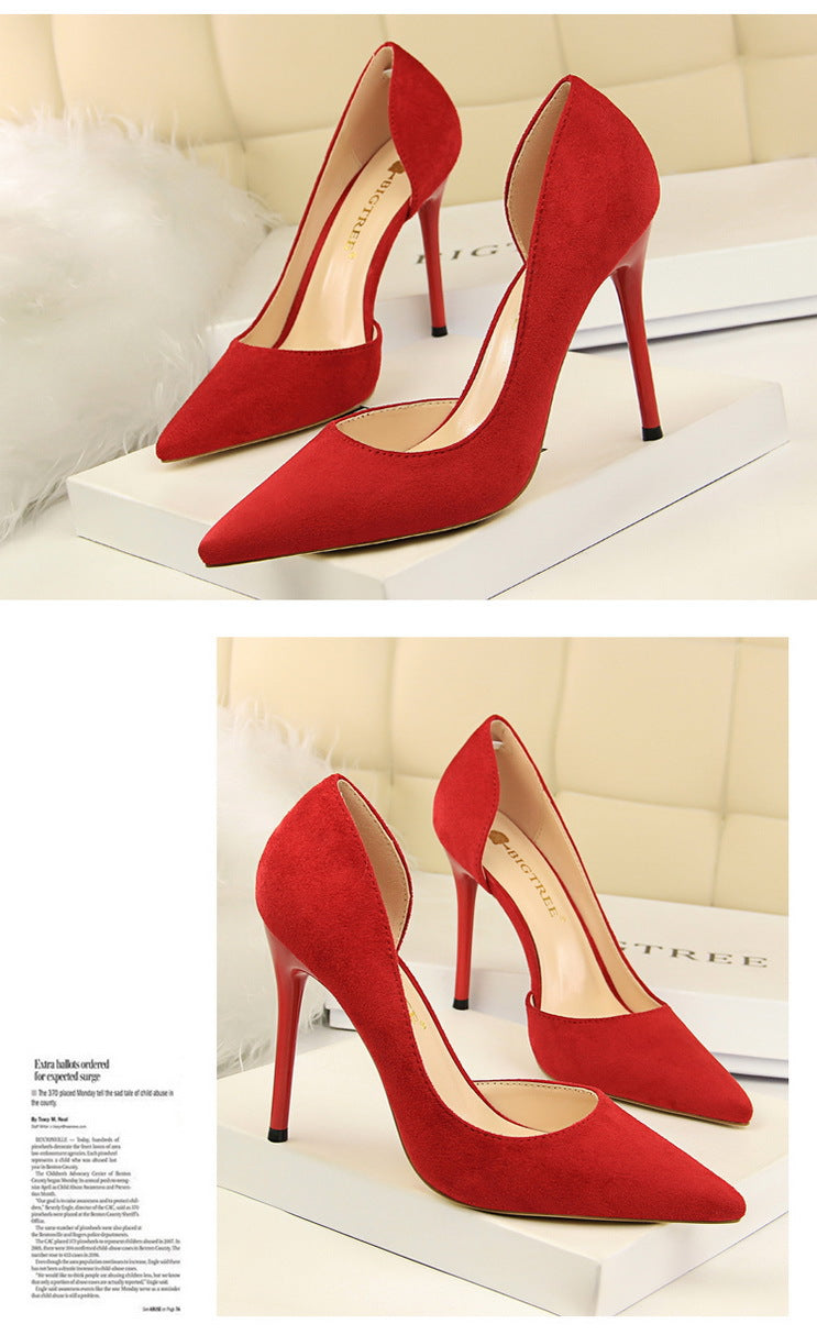 8918-2 European and American Style Simple Stiletto Ultra High Heel Suede Shallow Pointed Toe Sexy Nightclub Slimming Side Hollow Single Shoes