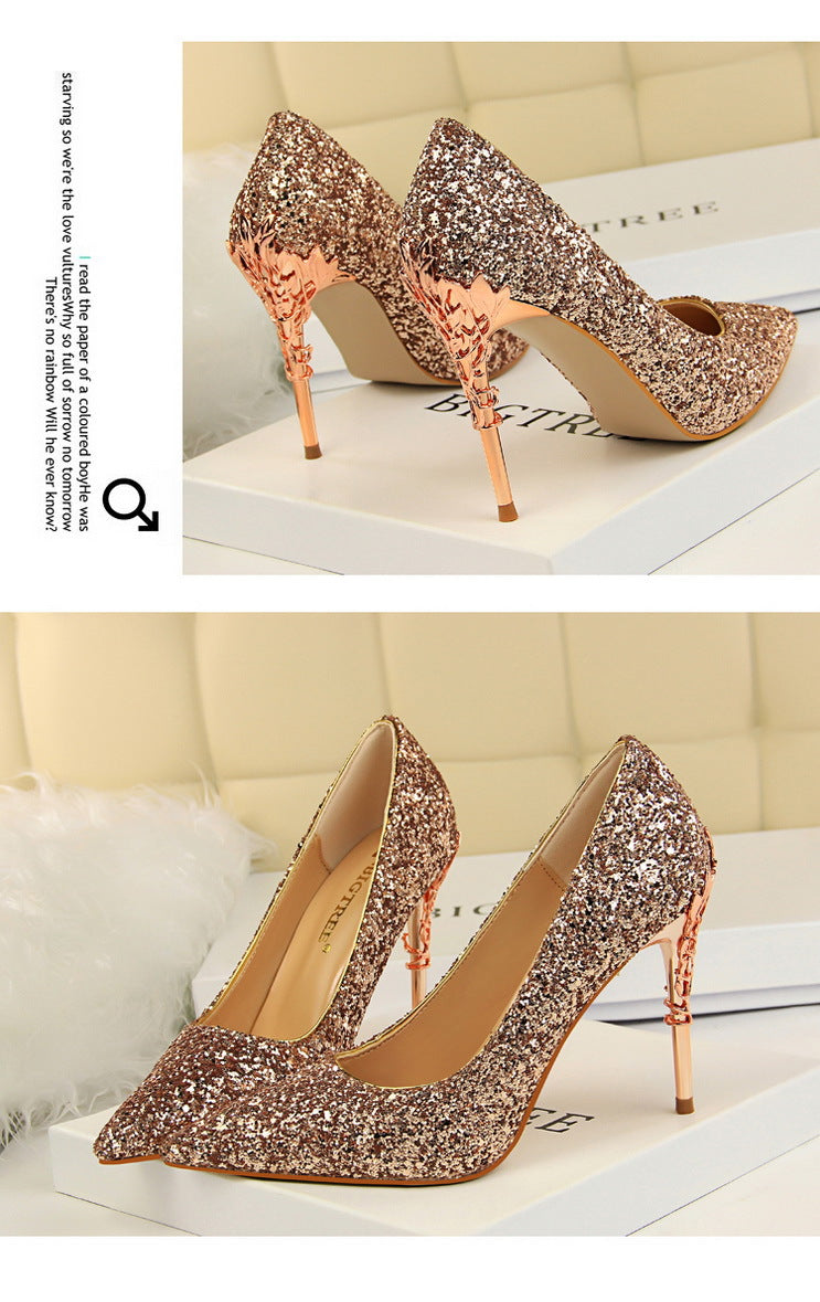 9219-12 European and American Style Fashion Sexy Nightclub Women's Shoes Metal Heel Stiletto High Heel Shallow Pointed Toe Sequin Pumps