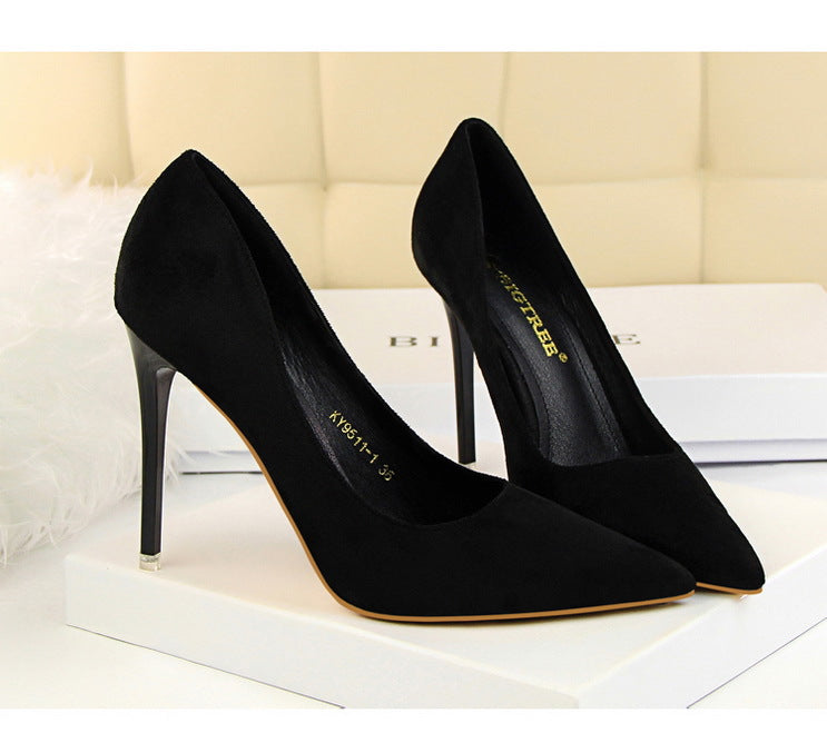 9511-1 European and American Style Fashion Simple Stylet Ultra High Heel Shallow Pointed Toe Suede Slim Sexy Nightclub Women's Shoes