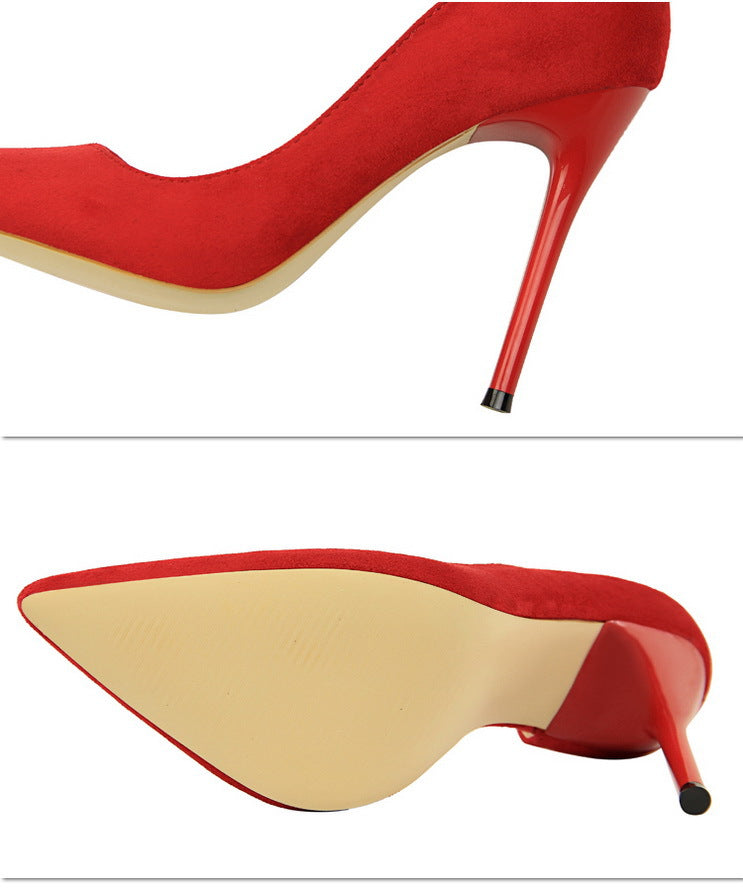 8918-2 European and American Style Simple Stiletto Ultra High Heel Suede Shallow Pointed Toe Sexy Nightclub Slimming Side Hollow Single Shoes