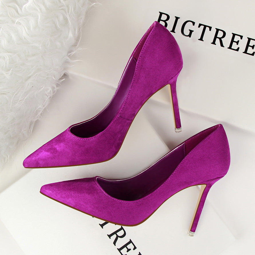 516-1 Korean Style Fashion Simple Stiletto High Heels Shallow Pointed Toe Suede Sexy Slimming Professional OL Women's Single Shoes