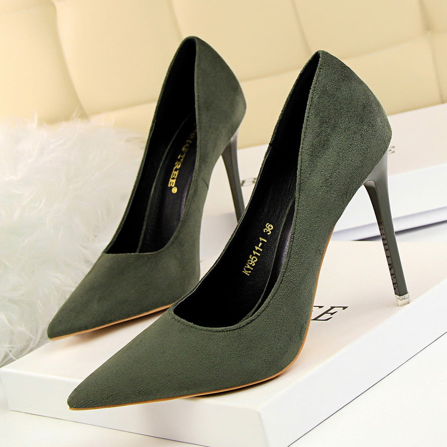 9511-1 European and American Style Fashion Simple Stylet Ultra High Heel Shallow Pointed Toe Suede Slim Sexy Nightclub Women's Shoes