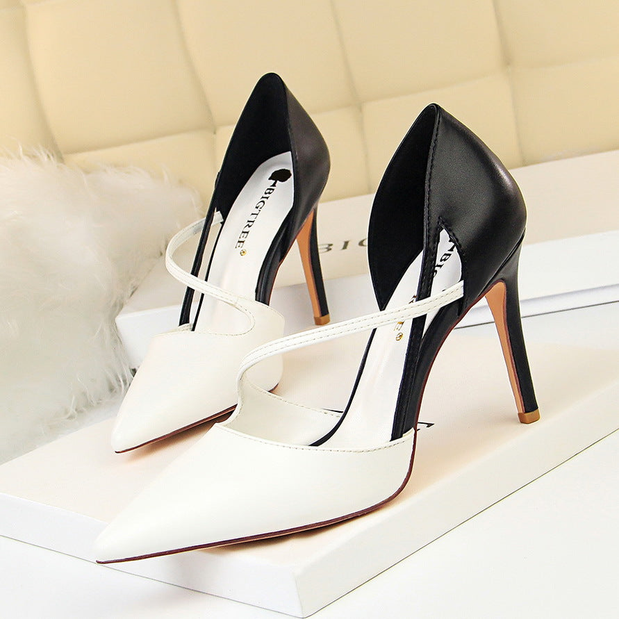 830-2 Korean Style Fashion Sweet High Heels Women's High Heel Shallow Mouth Pointed Toe Color Block Hollow Strap Slimming Single Shoes