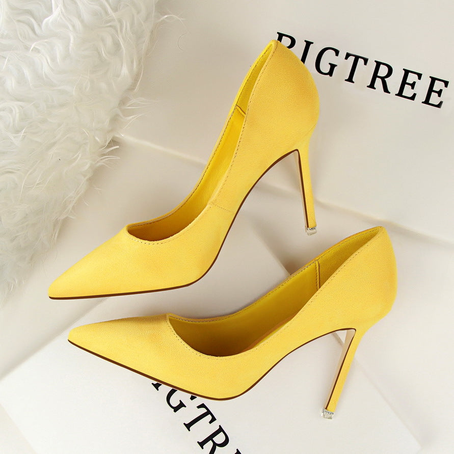 516-1 Korean Style Fashion Simple Stiletto High Heels Shallow Pointed Toe Suede Sexy Slimming Professional OL Women's Single Shoes