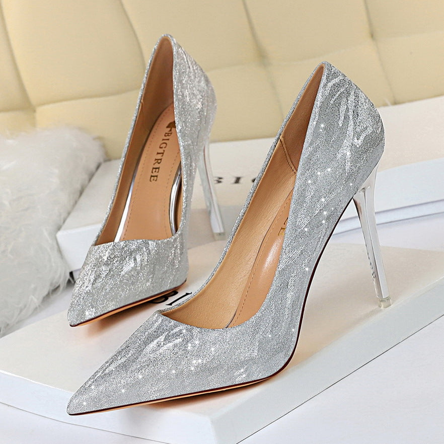 1829-A1 European and American Style Fashion Sexy Party High Heels Women's Shoes Thin Heel High Heel Shallow Mouth Pointed Toe Sequin Single Shoes