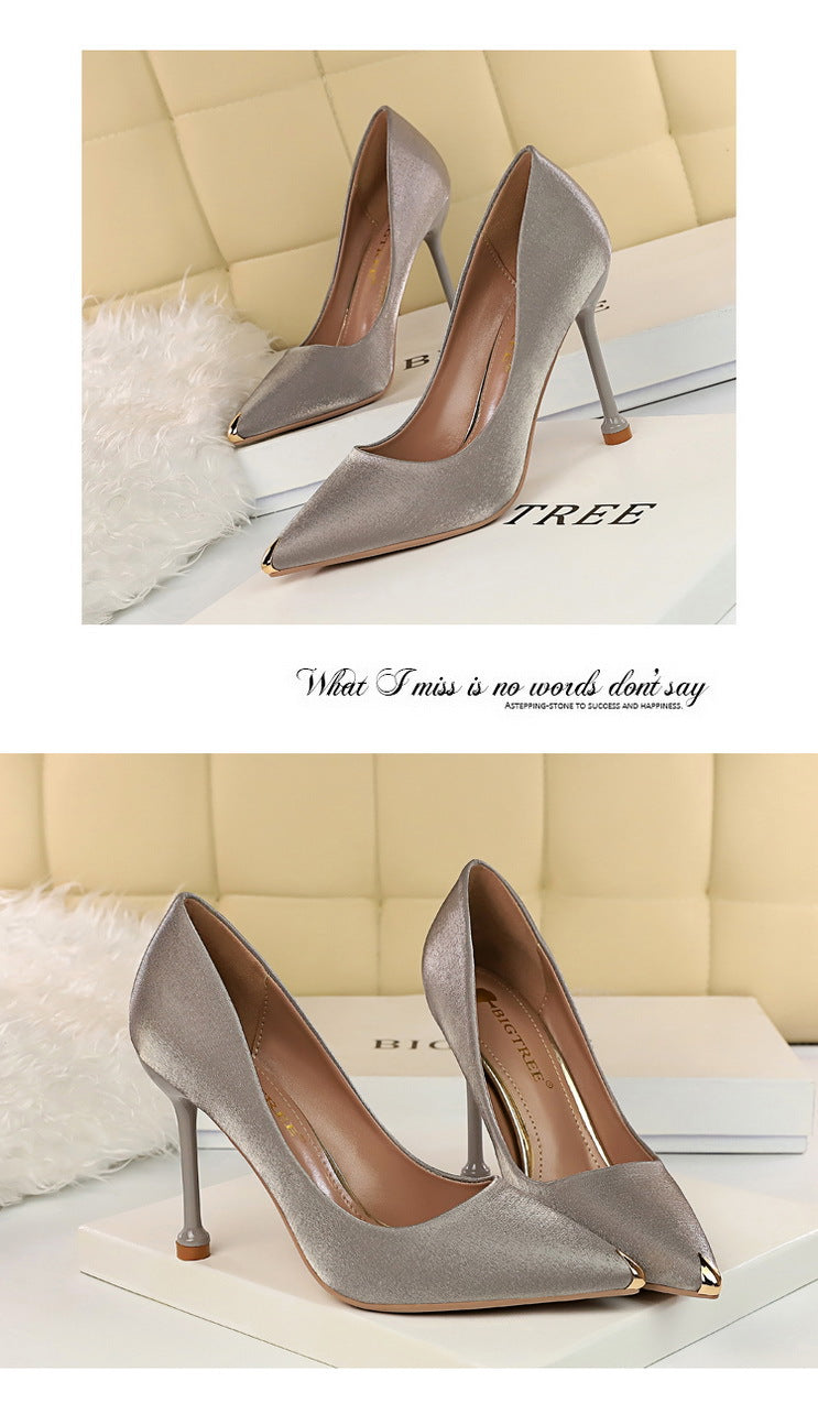 1823-1 European and American Style Fashion Party Women's Shoes Thin Heel High Heel Satin Shallow Mouth Metal Pointed Toe Sexy Slimming Single Shoes