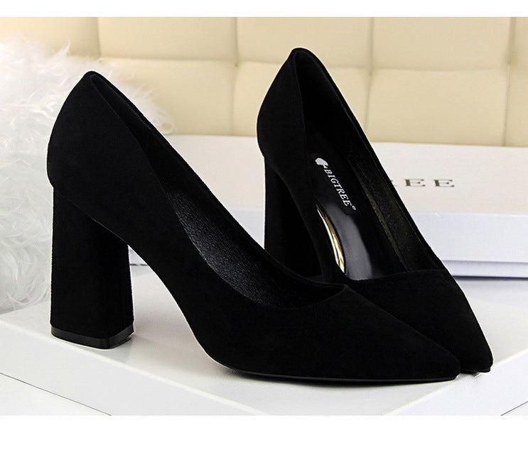 828-2 European and American Style Simple Chunky Heel High Heel Suede Shallow Pointed Toe Professional OL Slimming Women's Shoes High Heels Single Shoes