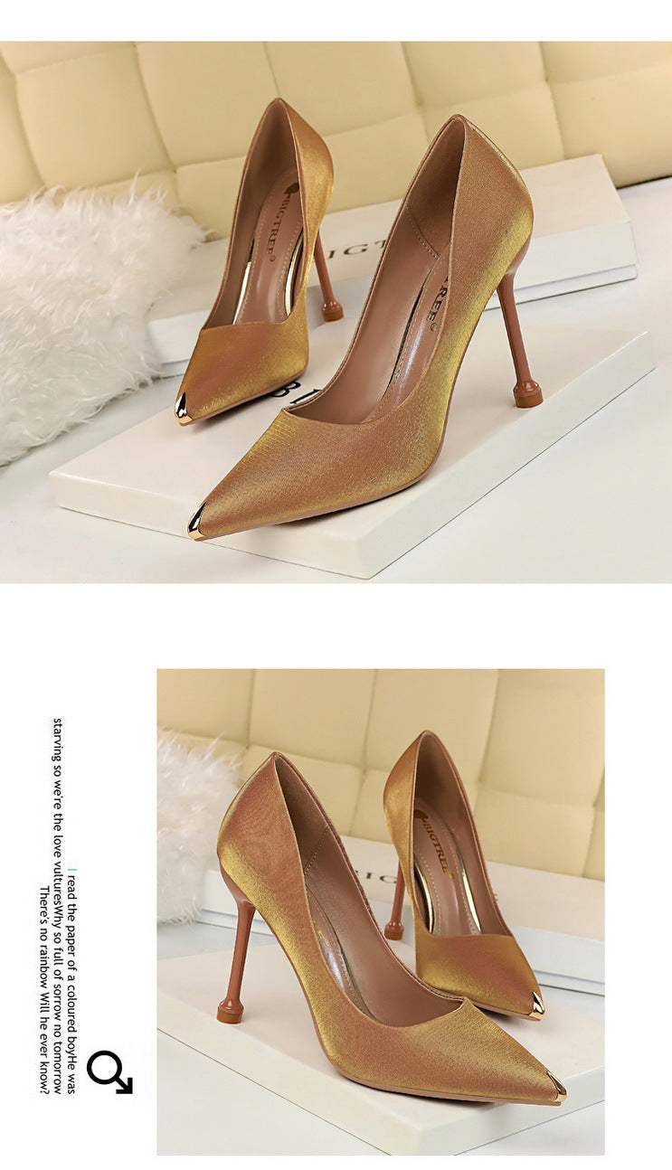 1823-1 European and American Style Fashion Party Women's Shoes Thin Heel High Heel Satin Shallow Mouth Metal Pointed Toe Sexy Slimming Single Shoes