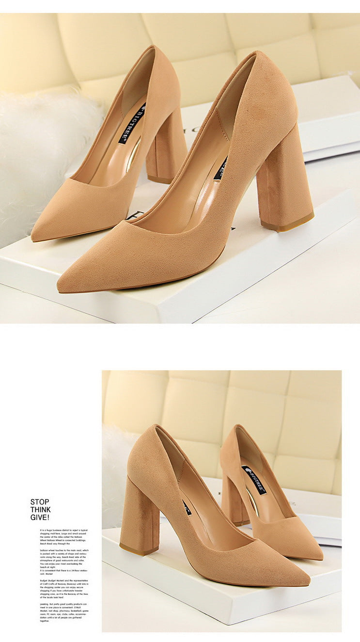 828-2 European and American Style Simple Chunky Heel High Heel Suede Shallow Pointed Toe Professional OL Slimming Women's Shoes High Heels Single Shoes