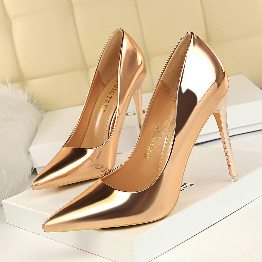 9511-7 European and American Style Fashionable Metal Heel High Heels Women's Shoes High Heel Low-Cut Pointed Toe Sexy Nightclubs Thinner Pumps