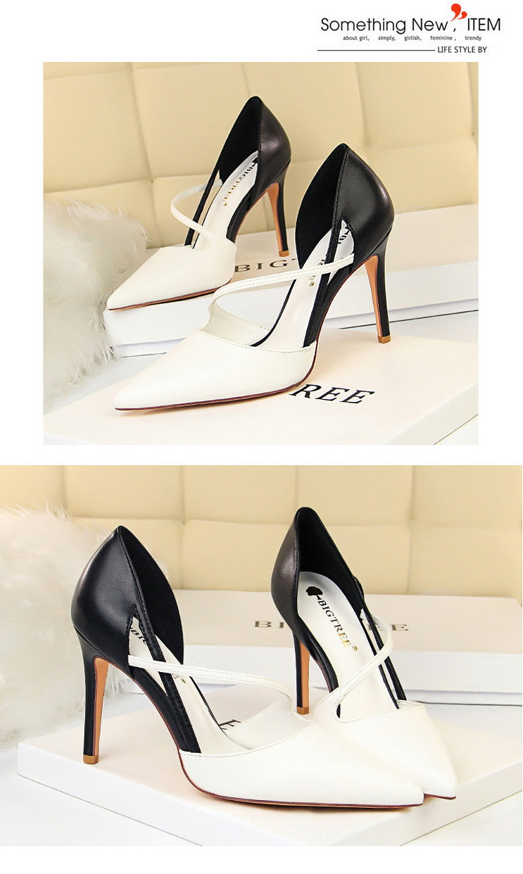 830-2 Korean Style Fashion Sweet High Heels Women's High Heel Shallow Mouth Pointed Toe Color Block Hollow Strap Slimming Single Shoes