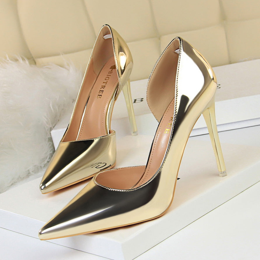 18188-1 European and American Style High Heels Simple Thin Heel Metal Very High Very Shallow Mouth Pointed Toe Side Hollow Sexy Single Shoes