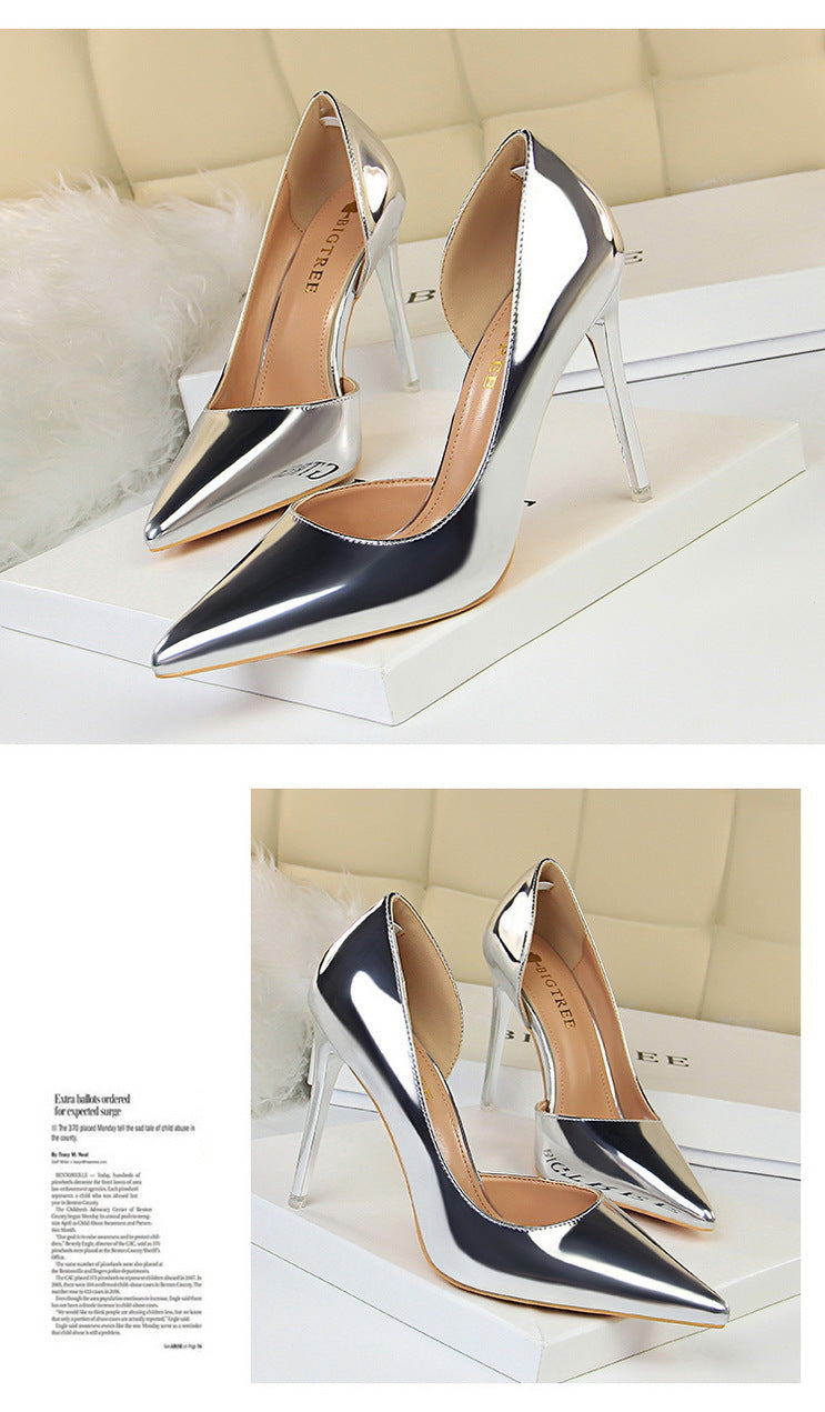 18188-1 European and American Style High Heels Simple Thin Heel Metal Very High Very Shallow Mouth Pointed Toe Side Hollow Sexy Single Shoes