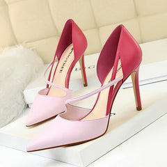 830-2 Korean Style Fashion Sweet High Heels Women's High Heel Shallow Mouth Pointed Toe Color Block Hollow Strap Slimming Single Shoes