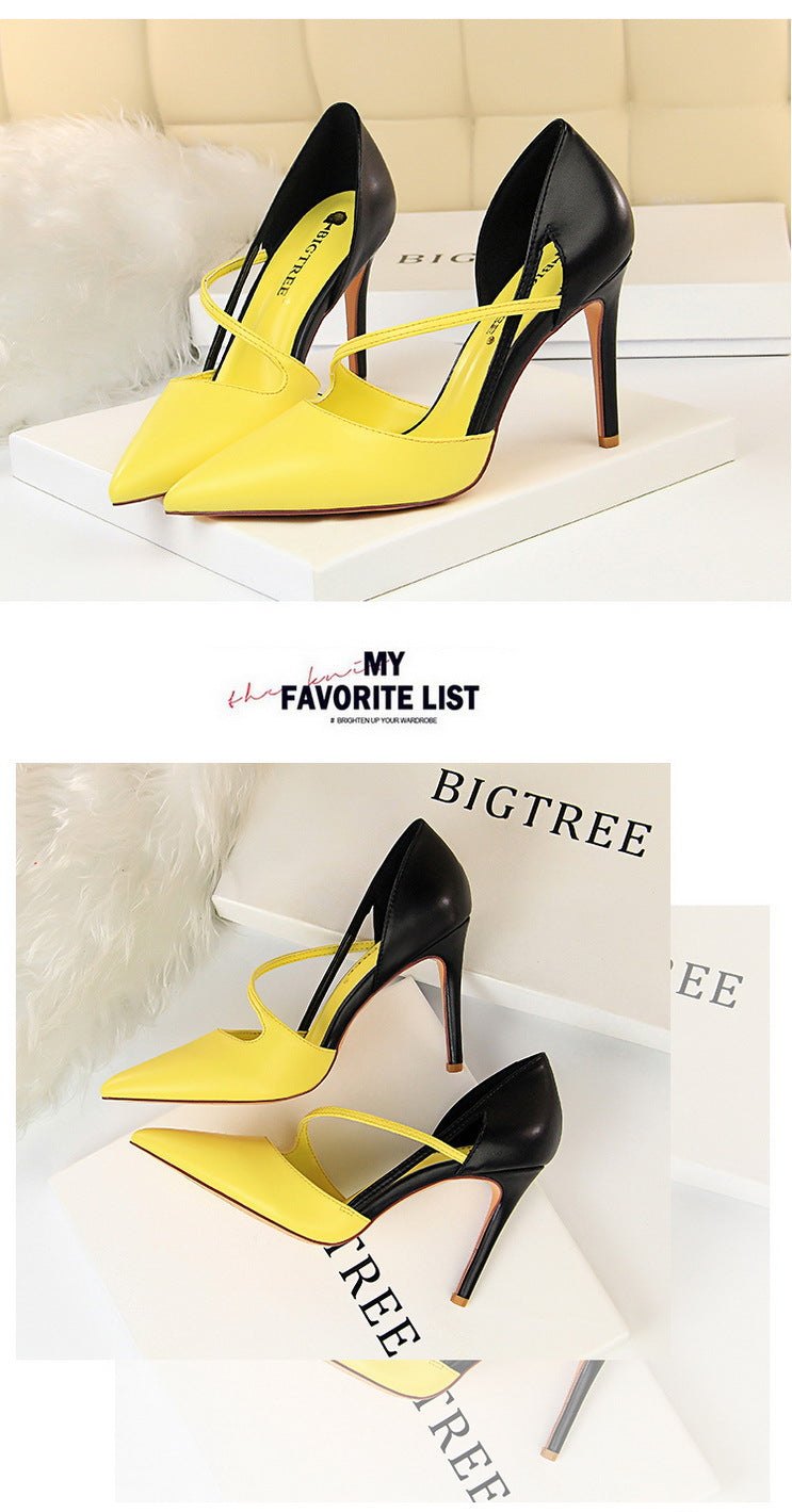 830-2 Korean Style Fashion Sweet High Heels Women's High Heel Shallow Mouth Pointed Toe Color Block Hollow Strap Slimming Single Shoes