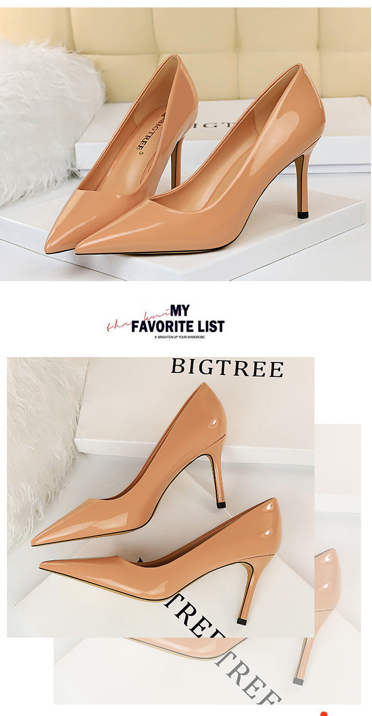 272-2 European and American Simple High Heels Shiny Patent Leather Shallow Pointed Toe Sexy Slimming Professional OL High Heels Women's Single Shoes