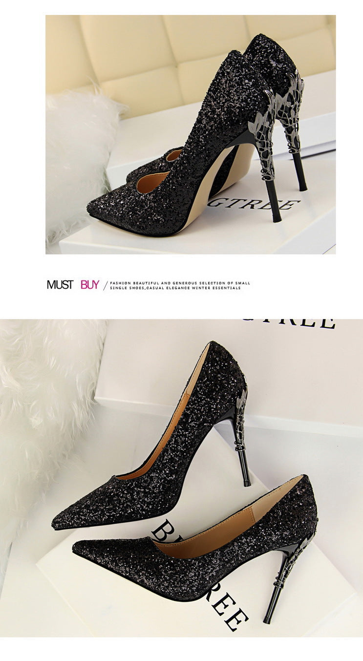 9219-12 European and American Style Fashion Sexy Nightclub Women's Shoes Metal Heel Stiletto High Heel Shallow Pointed Toe Sequin Pumps