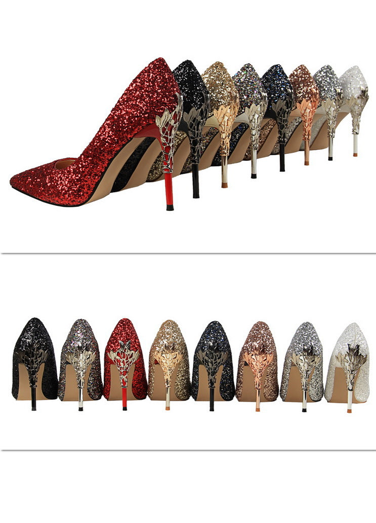 9219-12 European and American Style Fashion Sexy Nightclub Women's Shoes Metal Heel Stiletto High Heel Shallow Pointed Toe Sequin Pumps