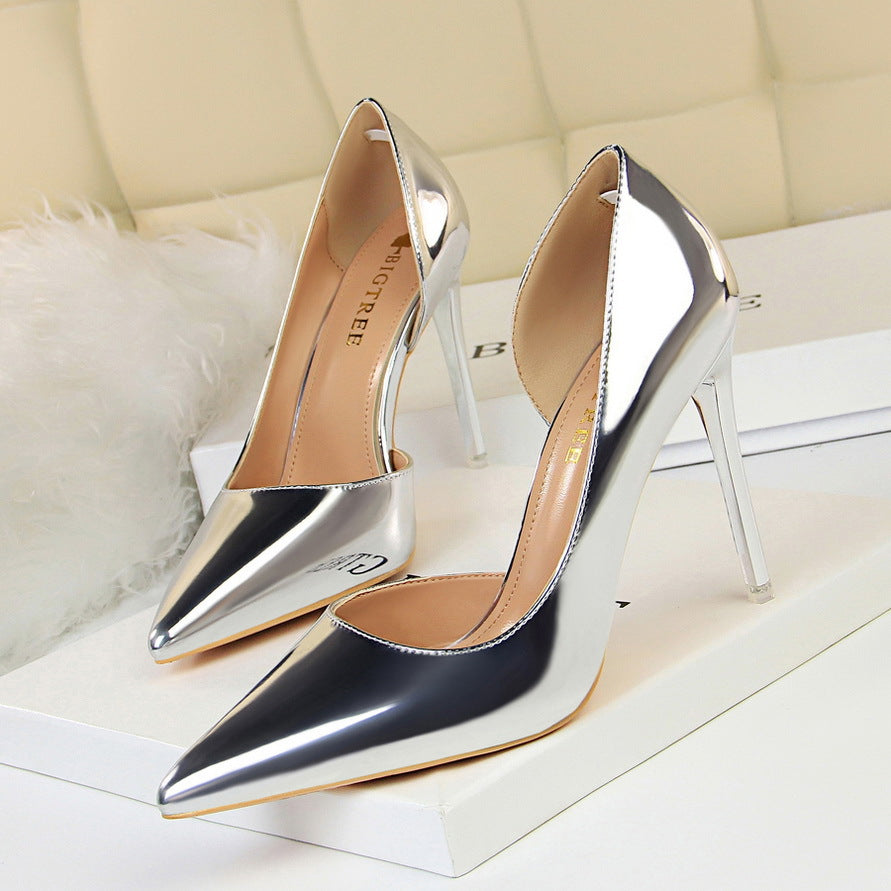 18188-1 European and American Style High Heels Simple Thin Heel Metal Very High Very Shallow Mouth Pointed Toe Side Hollow Sexy Single Shoes