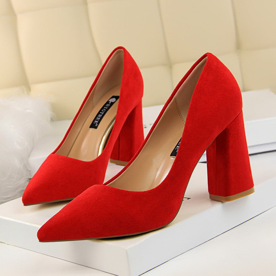 828-2 European and American Style Simple Chunky Heel High Heel Suede Shallow Pointed Toe Professional OL Slimming Women's Shoes High Heels Single Shoes