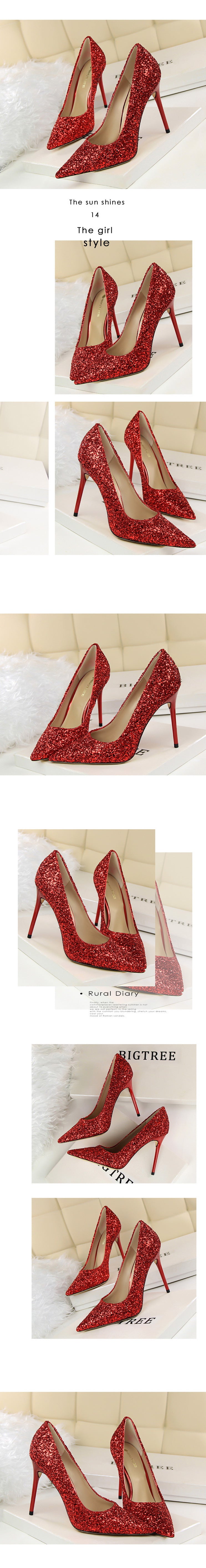 9219-1 European and American Style Women's Shoes High Heel Low-Cut Pointed Toe Sparkle Sequins Sexy Slimming Nightclub High Heels Pumps