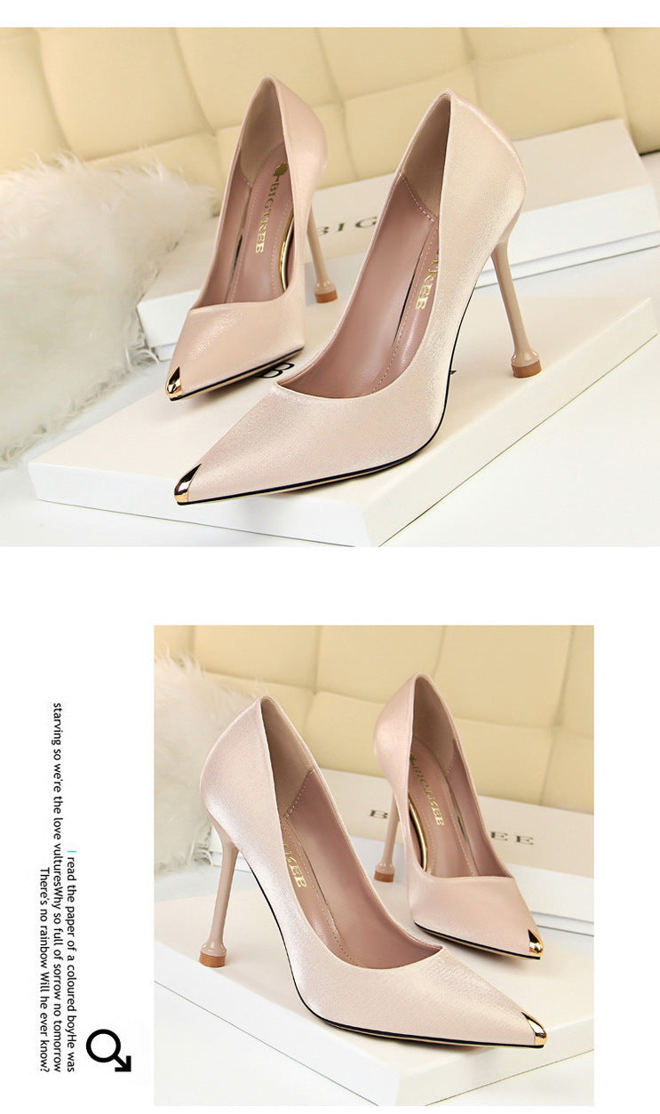 1823-1 European and American Style Fashion Party Women's Shoes Thin Heel High Heel Satin Shallow Mouth Metal Pointed Toe Sexy Slimming Single Shoes