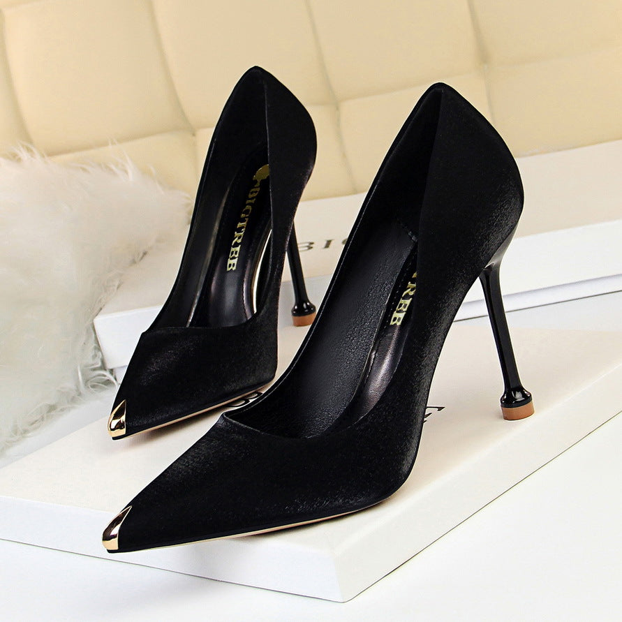 1823-1 European and American Style Fashion Party Women's Shoes Thin Heel High Heel Satin Shallow Mouth Metal Pointed Toe Sexy Slimming Single Shoes