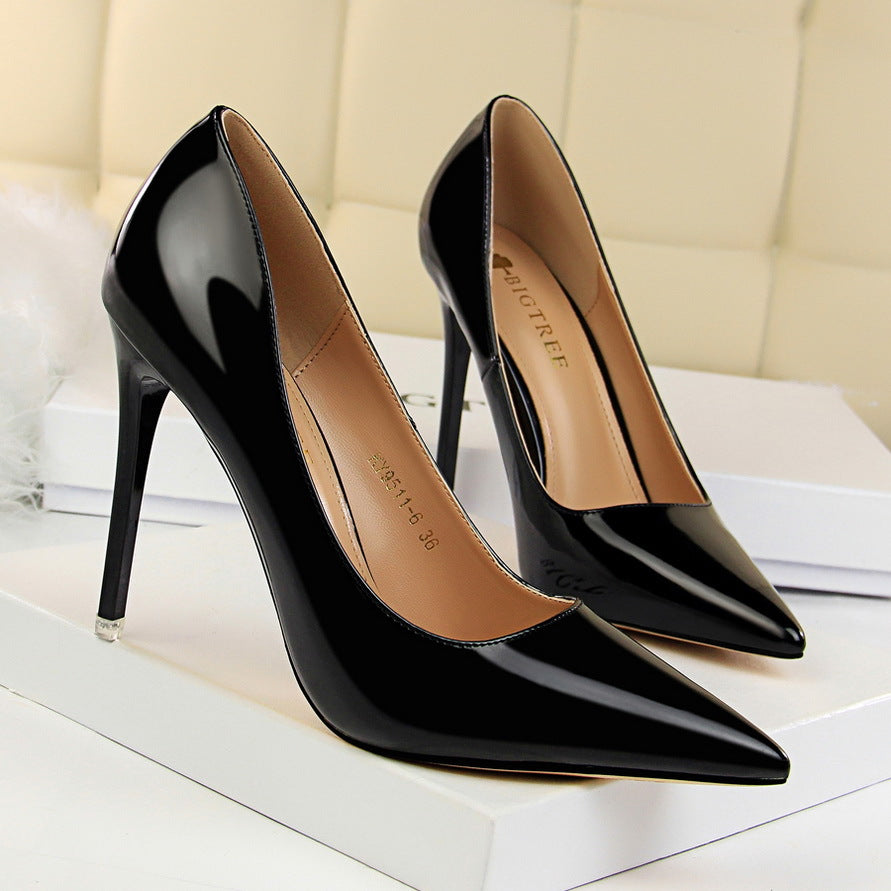 9511-6 European and American Style Fashion Simple Stiletto Ultra High Heel Patent Leather Shallow Pointed Toe Sexy Nightclub Slimming Women's Single Shoes