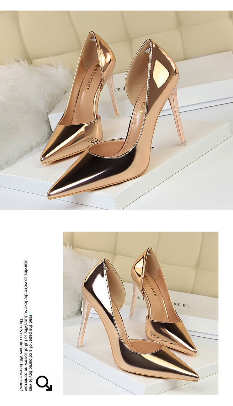 18188-1 European and American Style High Heels Simple Thin Heel Metal Very High Very Shallow Mouth Pointed Toe Side Hollow Sexy Single Shoes